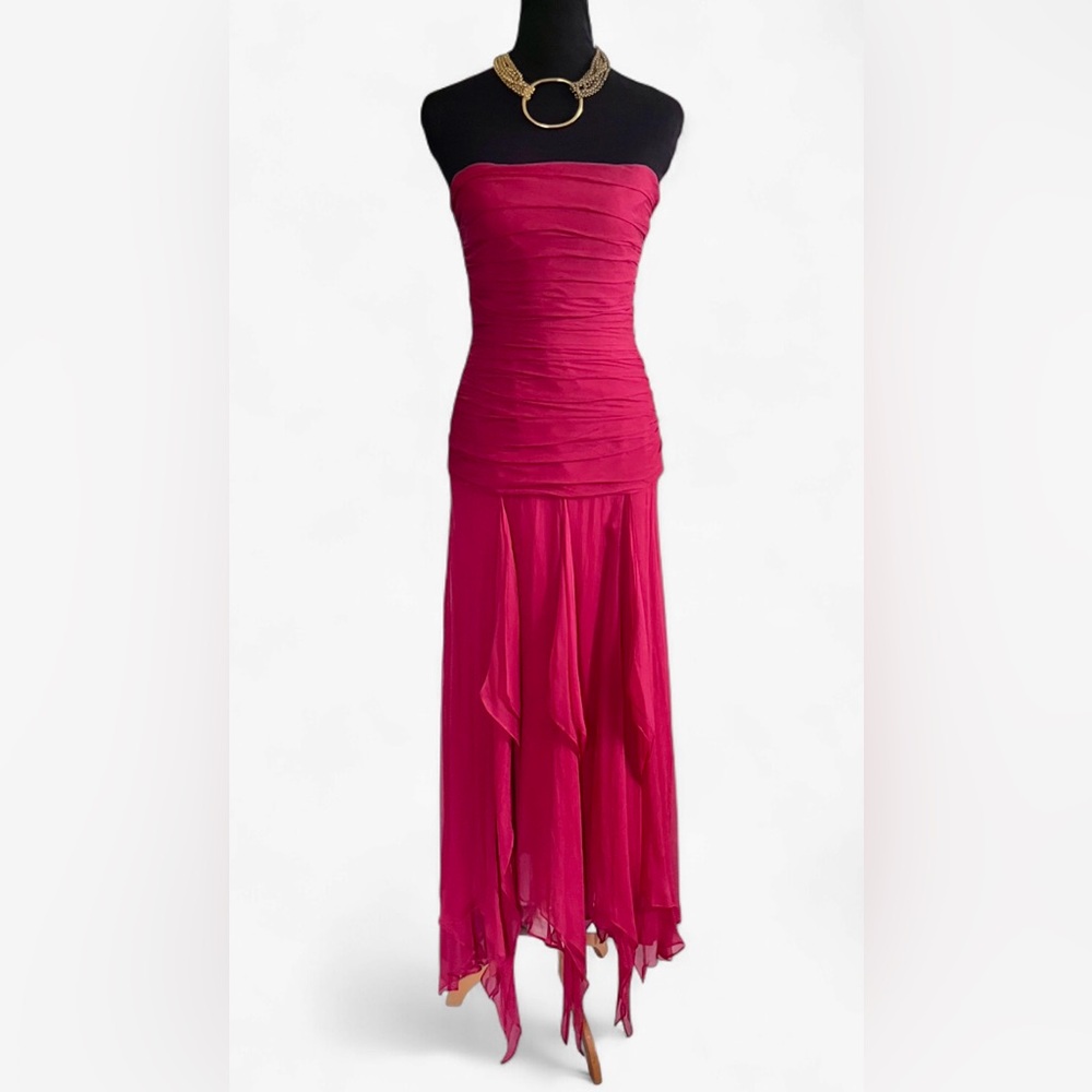 Vintage BCBGMaxazaria Silk Strapless handkerchief hem dress.